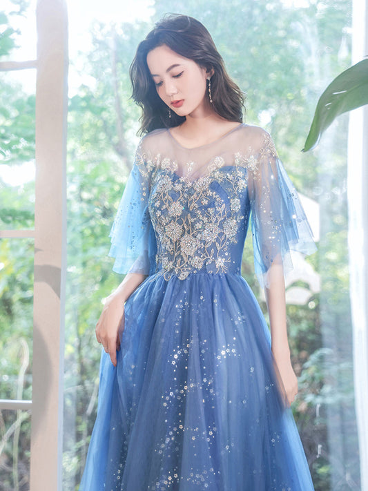 Blue A-Line Tulle Sequin Long Prom Dress, Blue Formal Evening Dress