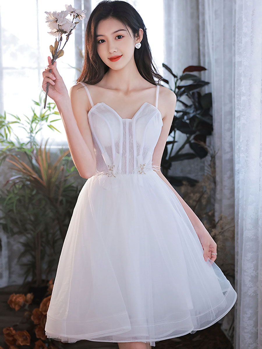 Cute white tulle short prom dress white homecoming dress