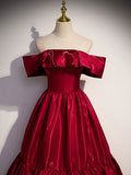 Simple burgundy off shoulder satin long prom dress burgundy evening dress