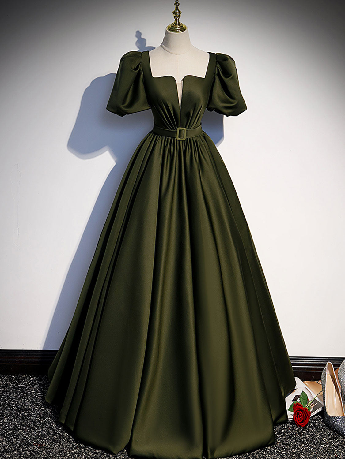Green satin A line long prom dress, green formal party dress