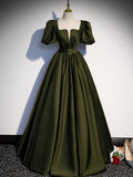 Green satin A line long prom dress, green formal party dress