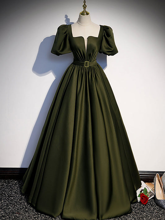 Green satin A line long prom dress, green formal party dress