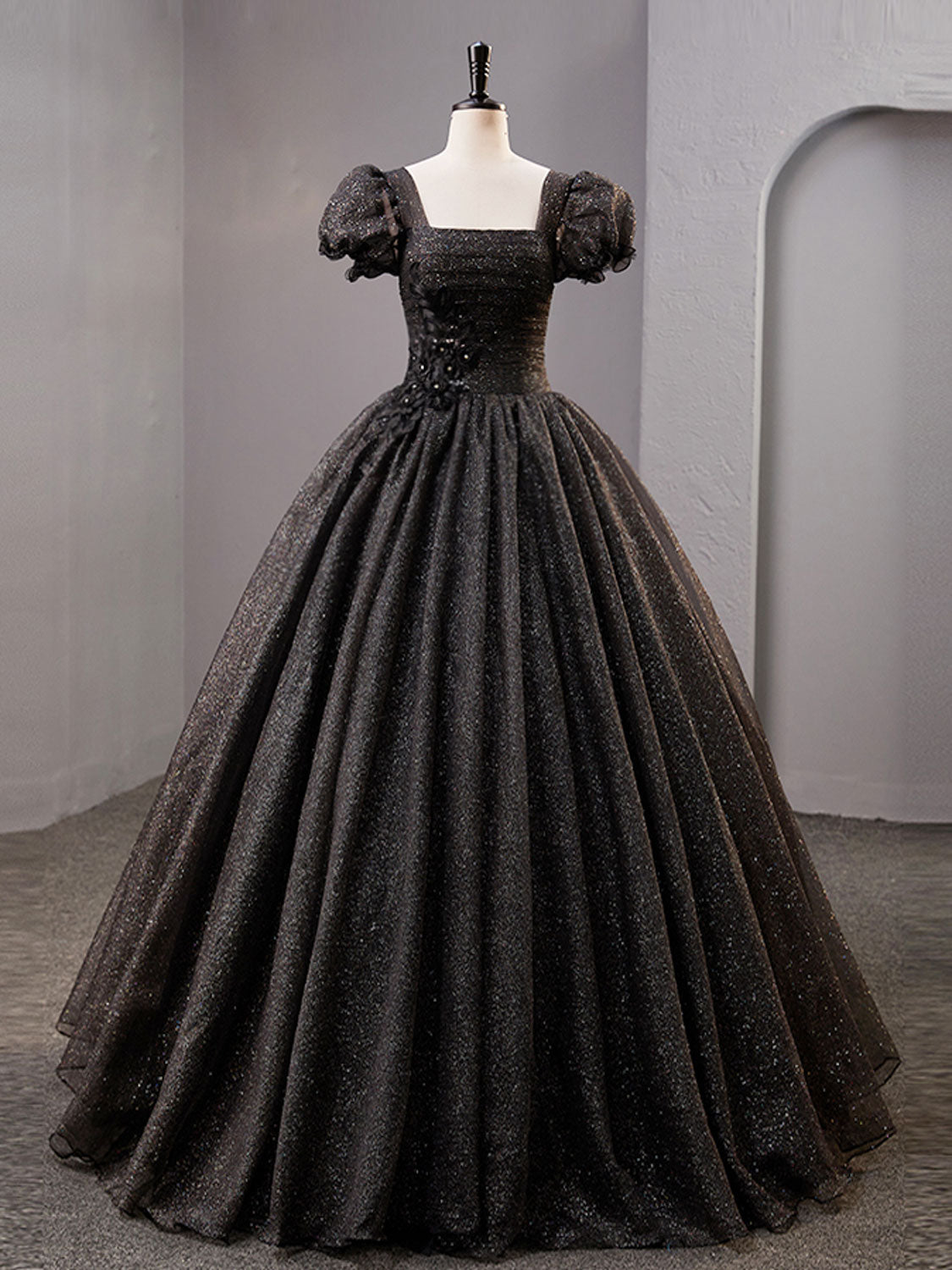 Black Square Neckline Tulle Long Prom Dress, Shiny Black Evening Dresses