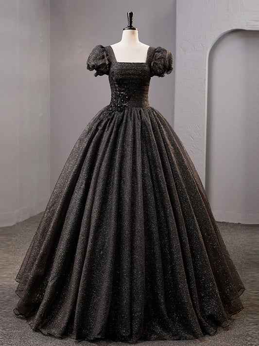 Black Square Neckline Tulle Long Prom Dress, Shiny Black Evening Dresses