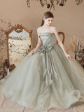 A-Line Tulle Light Green Long Prom Dresses
