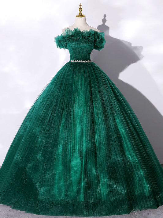 Green tulle off shoulder long prom dress, green tulle sweet 16 dress