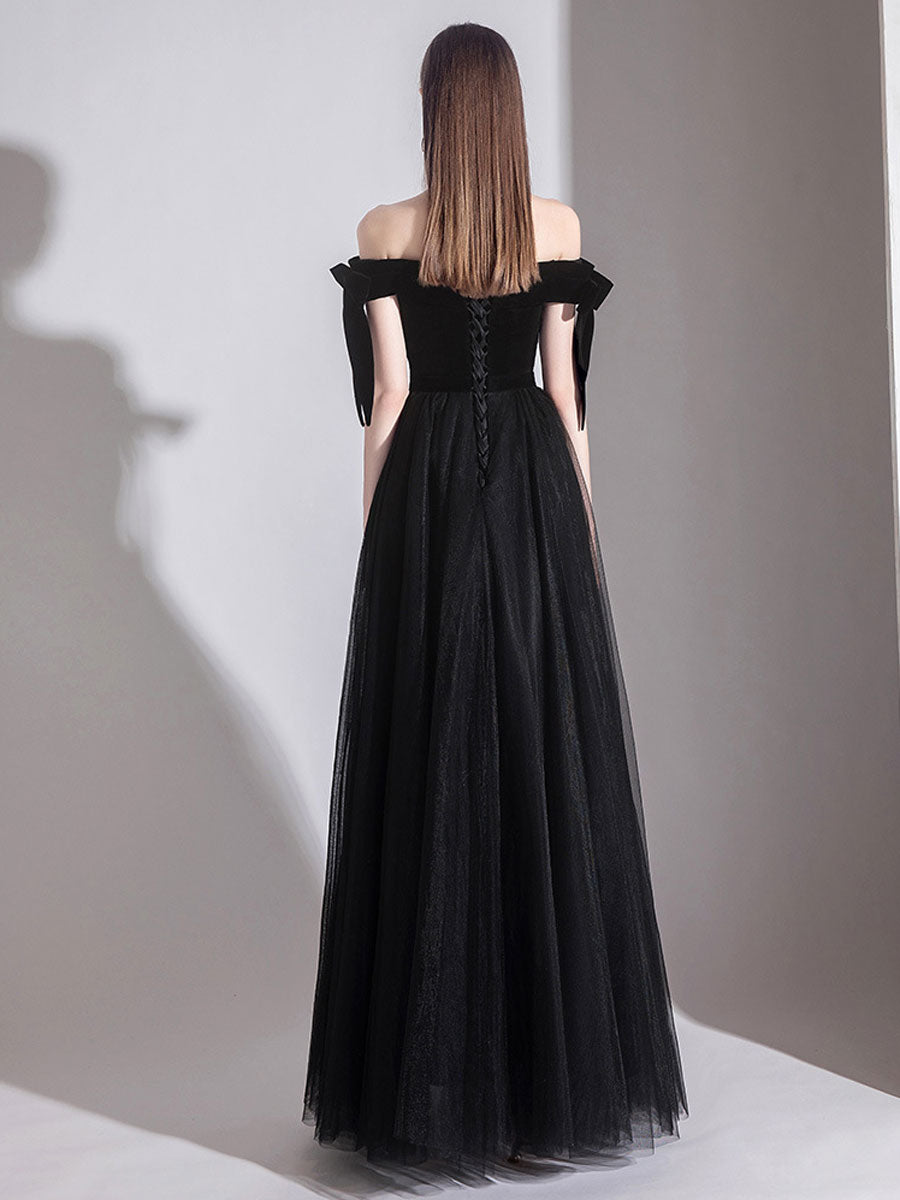 Simple black off shoulder tulle long prom dress, black evening dress