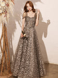 Gray A line tulle beads long prom dress gray tulle formal party dress
