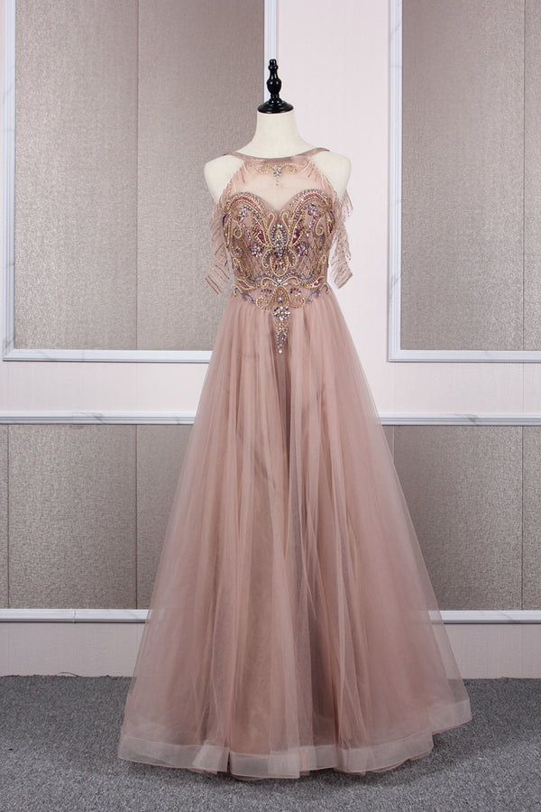 Champagne tulle beads long prom dress champagne evening dress