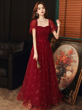 Burgundy A line tulle sequin long prom dress, burgundy tulle formal dress