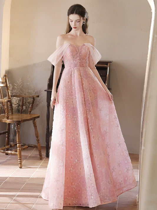 A-Line Tulle Lace Off Shoulder Pink Long Prom Dress, Pink Lace Long Graduation Dress