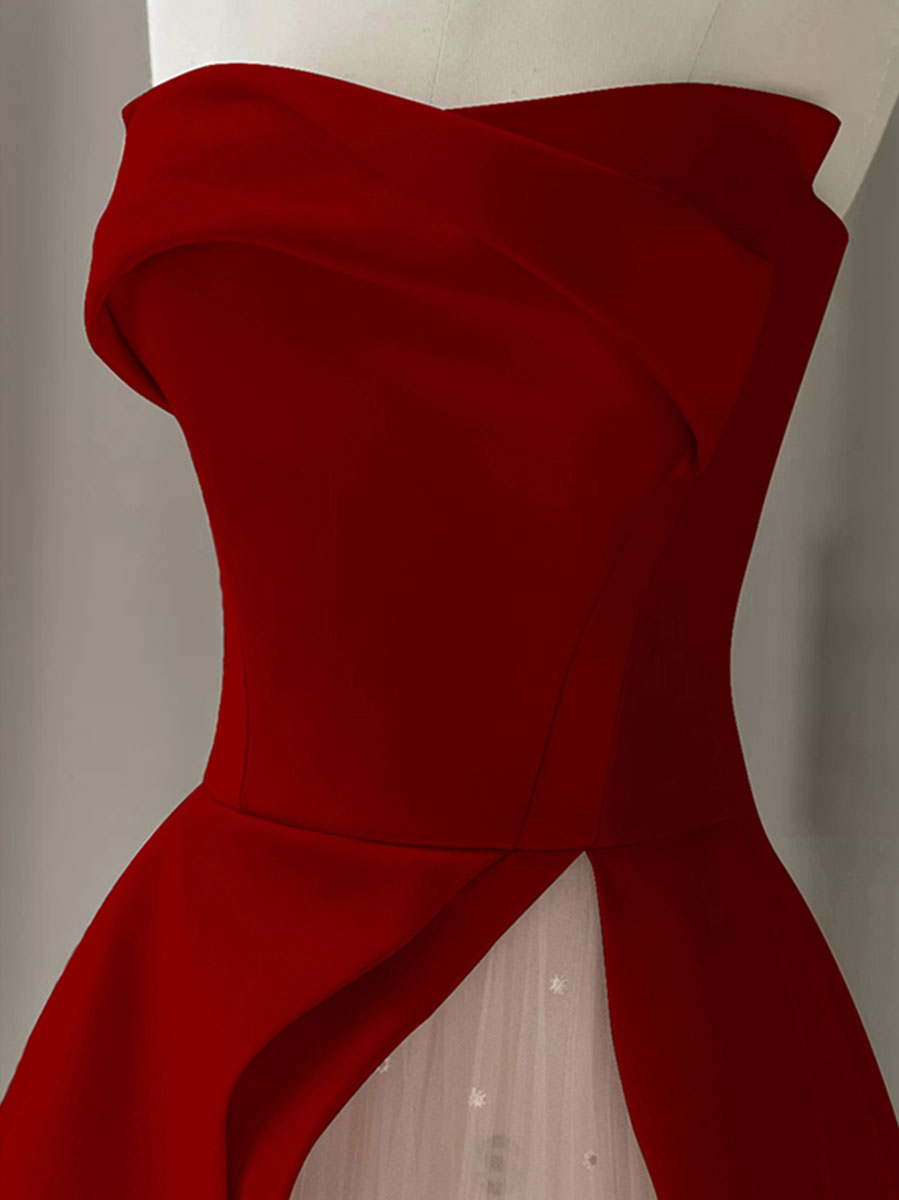 Aline Burgundy Satin Long Prom Dress, Burgundy Formal Dress