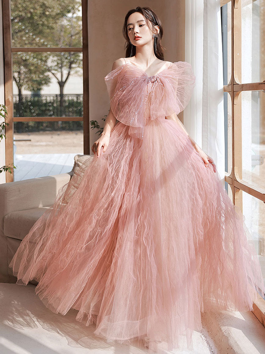 Pink A line tulle long prom dress pink formal evening dress