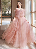 Pink A line tulle long prom dress pink formal evening dress