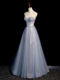 A line tulle gray blue long prom dress, gray formal dress