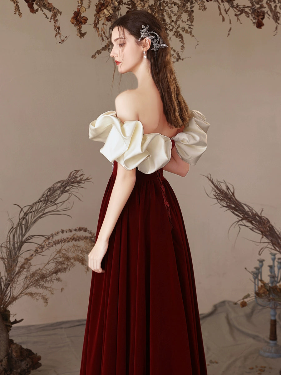 A-Line Sweetheart Neck Velvet Burgundy Long Prom Dress, Burgundy Evening Dress