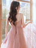 Pink A line tulle long prom dress pink formal evening dress
