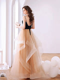Champagne sweetheart neck tulle long prom dress backless evening dress