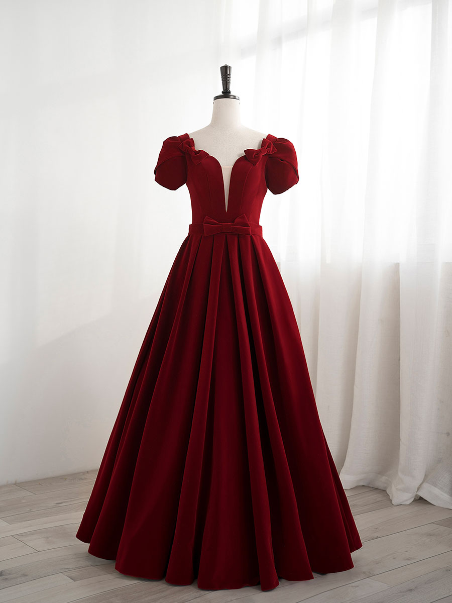 A line velvet burgundy long prom dress, burgundy bridesmaid dress