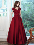 Burgundy v neck satin long prom dress, burgundy evening dress