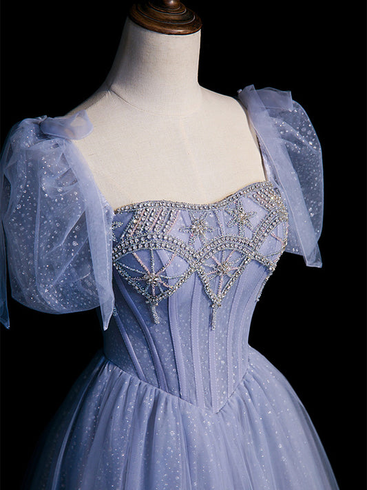 A-Line Blue Sweetheart Neck Tulle Long Prom Dress