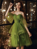 Green off shoulder tulle short prom dress green homecoming dress