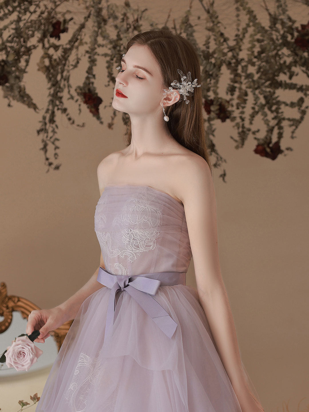 Light  Purple Tulle Lace Long Prom Dresses, Purple Lace Formal Dress