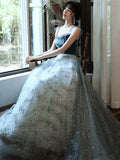 Aline tulle sequin long prom dress blue tulle long evening dress