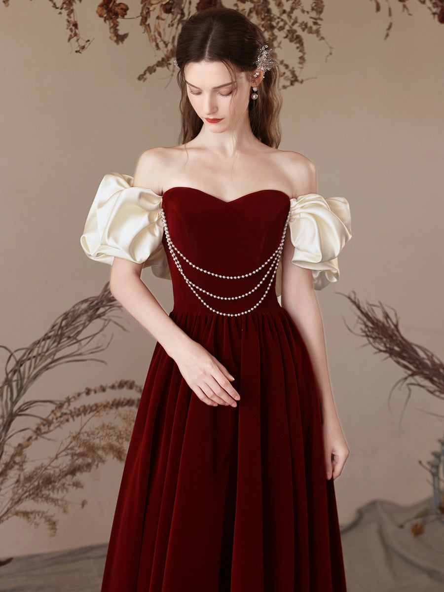 A-Line Sweetheart Neck Velvet Burgundy Long Prom Dress, Burgundy Evening Dress