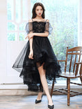 Black tulle high low prom dress , black lace homecoming dress
