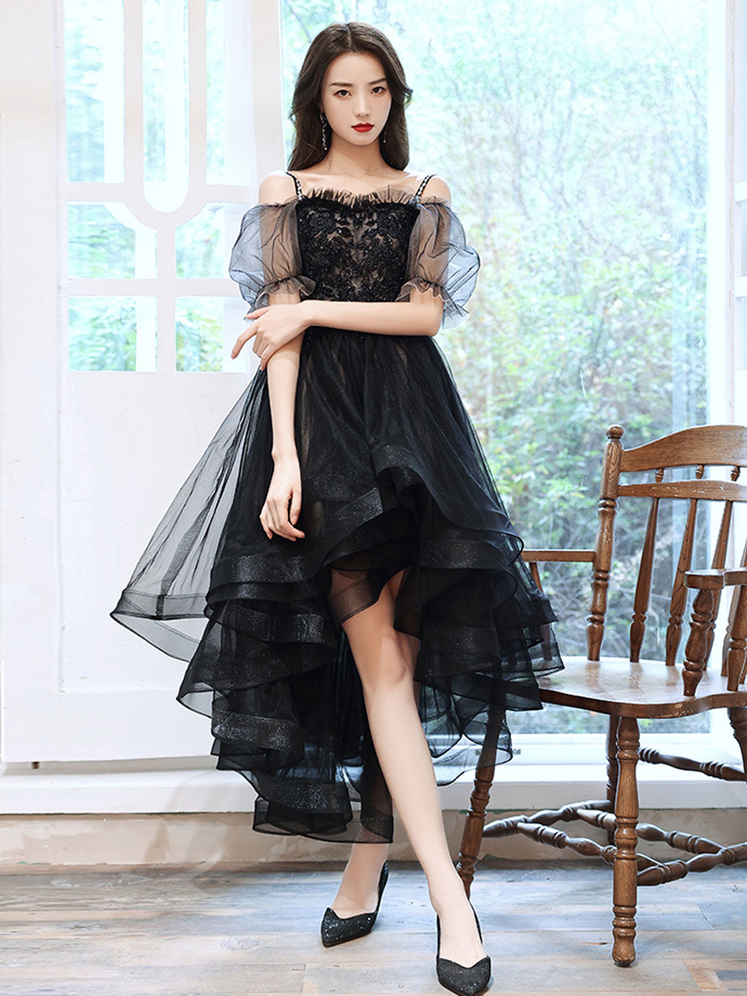 Black tulle high low prom dress , black lace homecoming dress