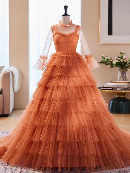 Unique  High Neck Tulle Long Prom Dresses, Orange Formal Evening Dresses