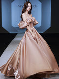 Simple off shoulder satin long prom dress, champagne evening dress