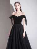 Simple black off shoulder tulle long prom dress, black evening dress