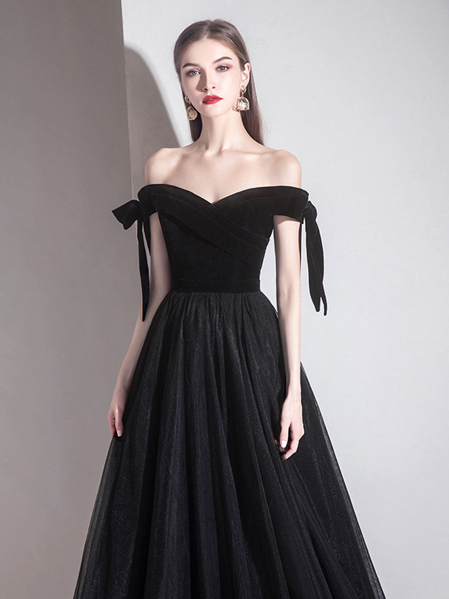 Simple black off shoulder tulle long prom dress, black evening dress