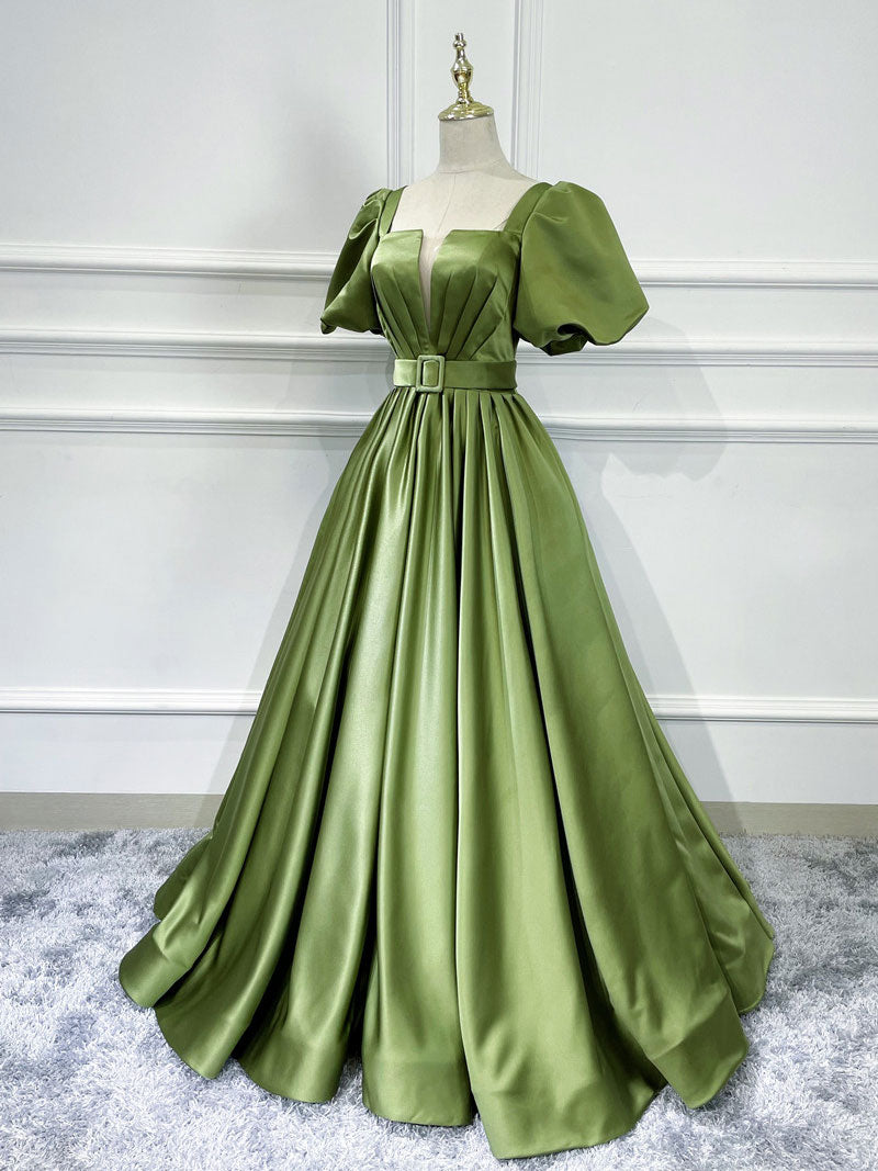 Green satin long prom dress, green satin evening dress