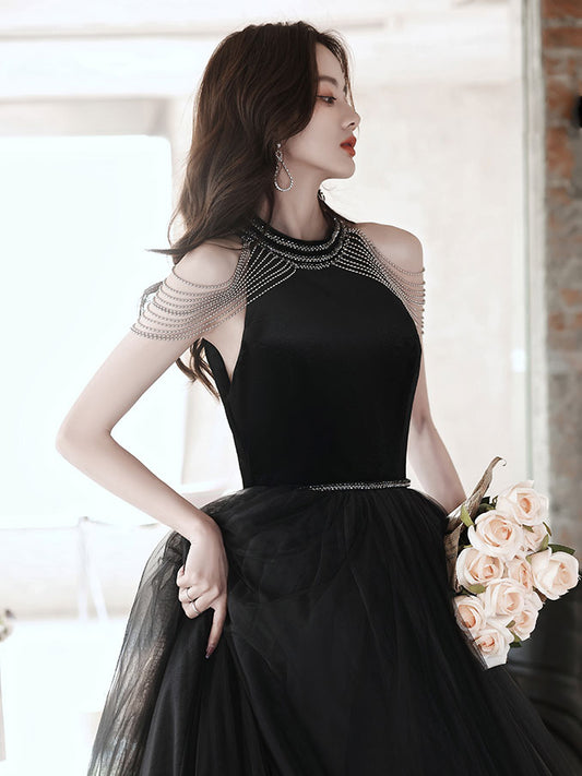 Black A line tulle beads long prom dress, black evening dress
