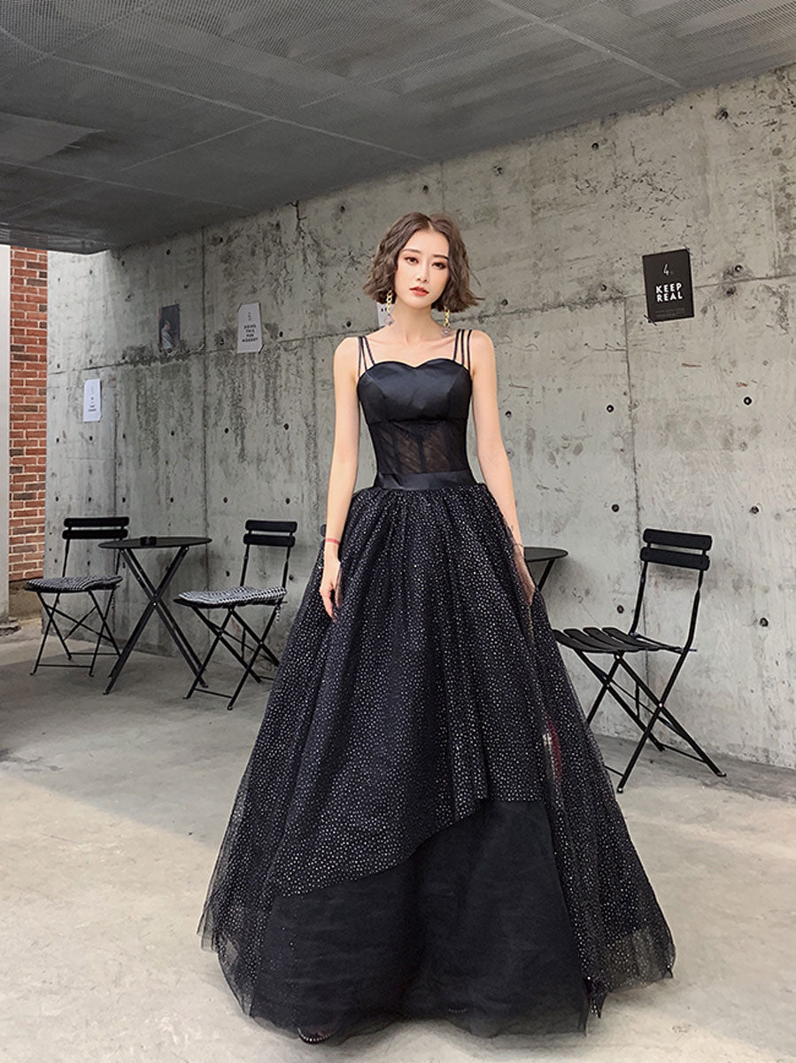 Black tulle sequin long prom dress, black tulle formal dress