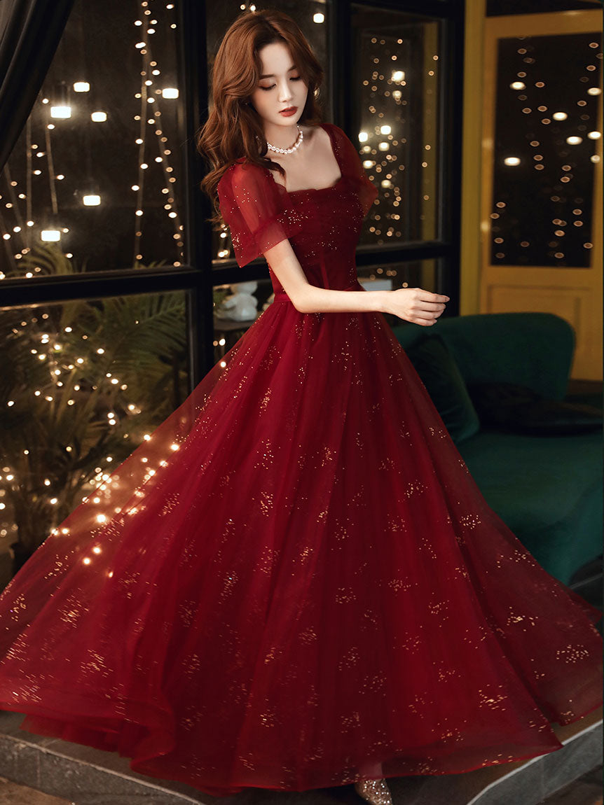 Burgundy A line tulle sequin long prom dress, burgundy tulle formal dress
