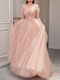 Pink tulle lace long prom dress, pink tulle evening dress