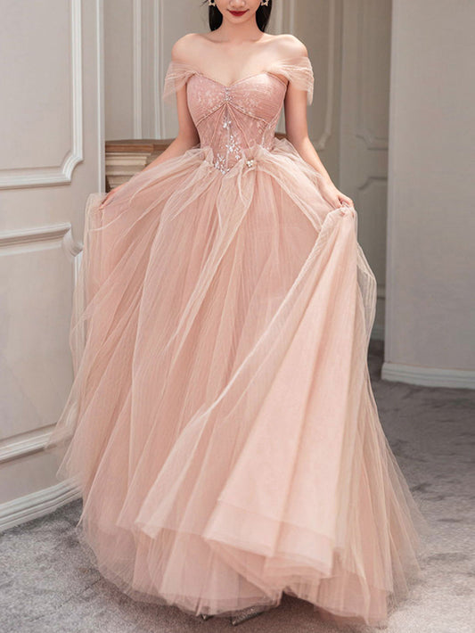 Pink tulle lace long prom dress, pink tulle evening dress