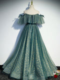 Green A line tulle Star tulle long prom dress green formal party dress