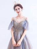 A-Line Scoop Neckline Gray Long Prom Dress, Tulle Lace Evening Dresses