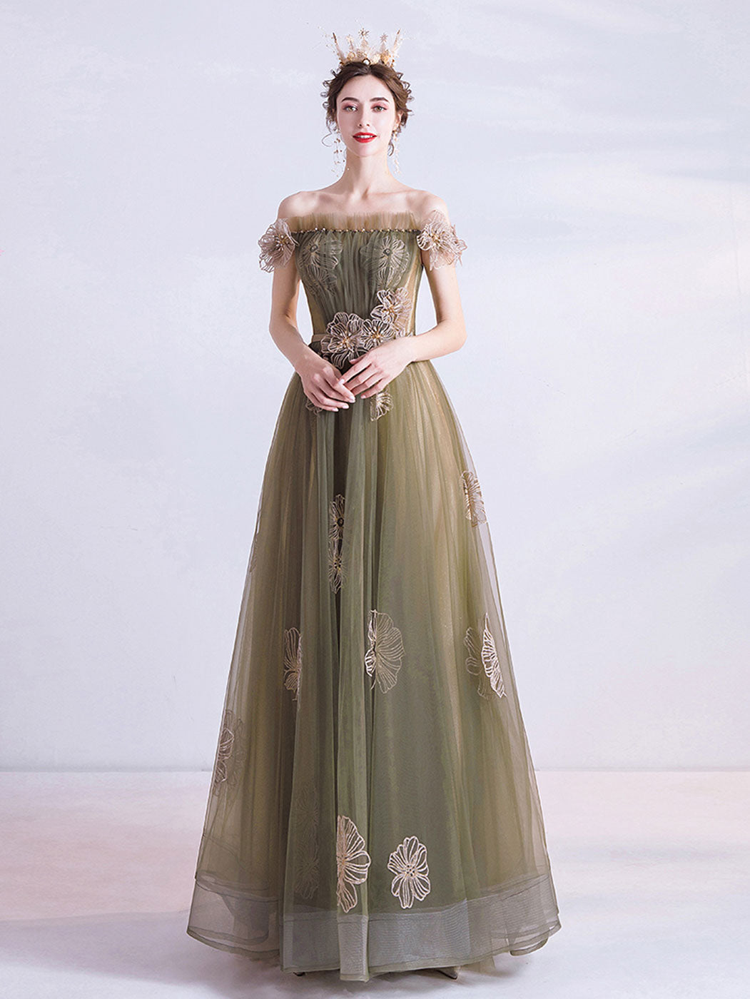 A-Line Green Tulle Long Prom Dress, Green Formal Evening Dress