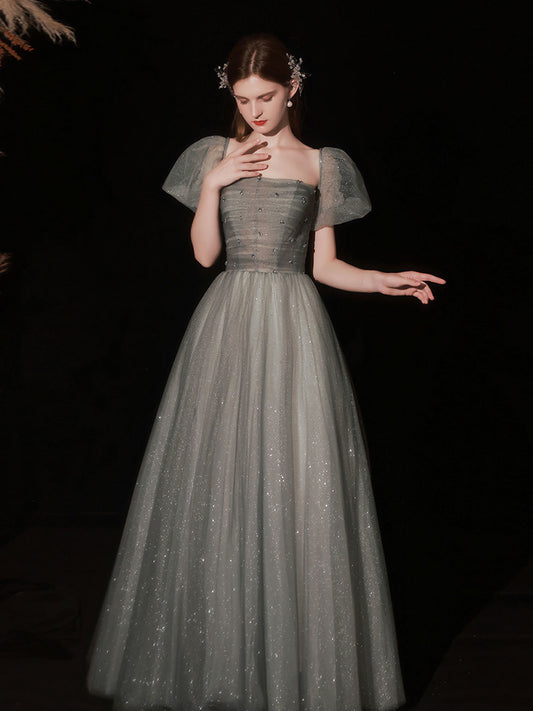 A Line Gray Long Prom Dress, Gray Tulle Sequin Graduation Dresses