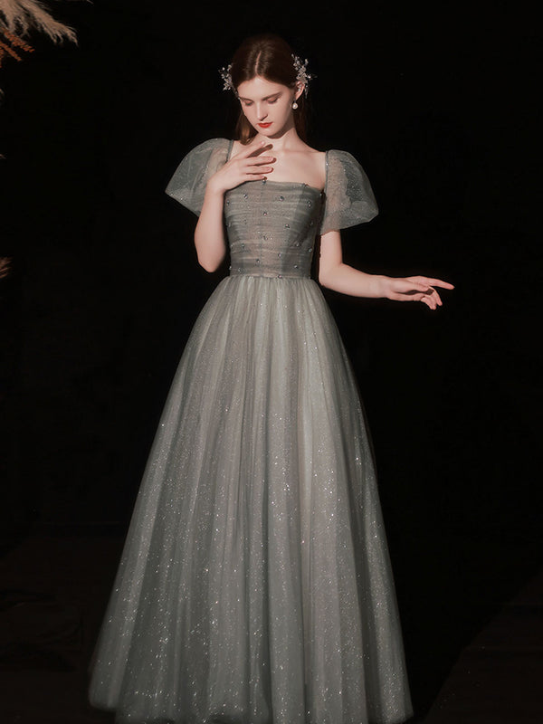 A Line Gray Long Prom Dress, Gray Tulle Sequin Graduation Dresses