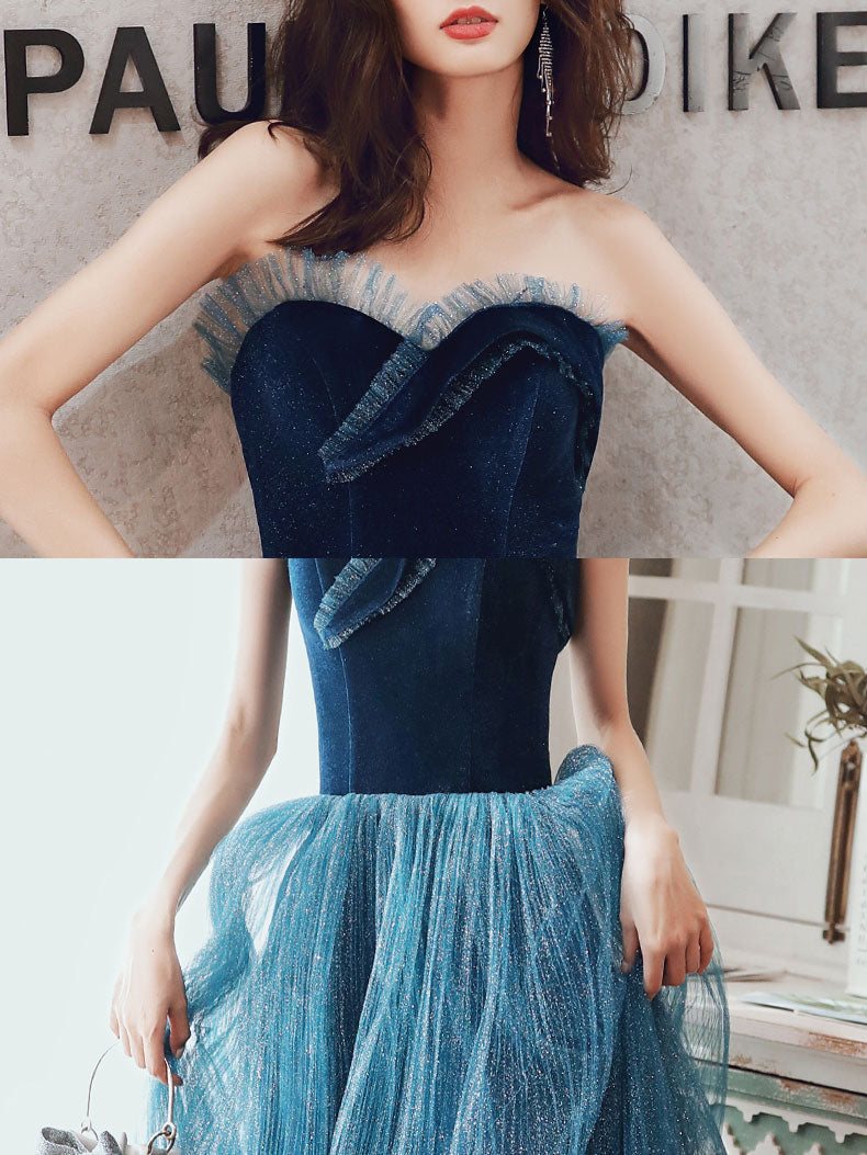 Aline Sweetheart Neck Blue Long Prom Dress, Blue Formal Graduation Dress