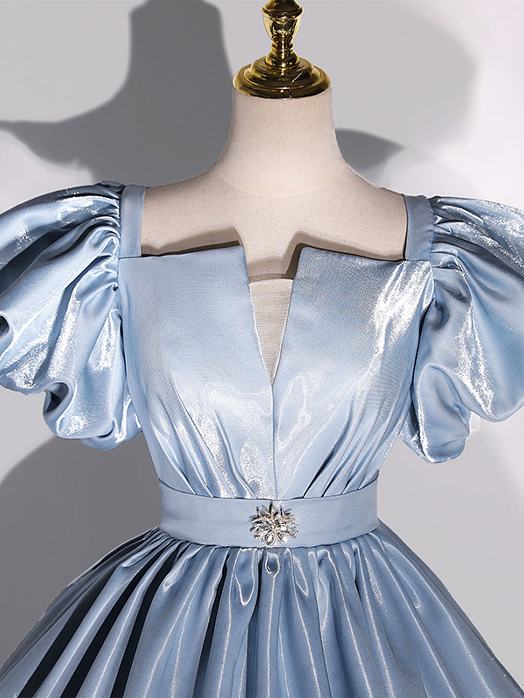 Ball Gown Puff Sleeves Blue Long Prom Dress, Blue Sweet 16 Dress