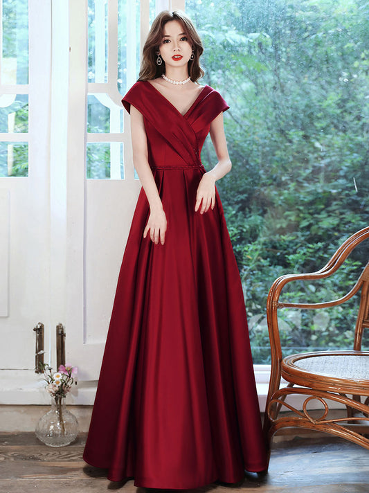 Burgundy v neck satin long prom dress, burgundy evening dress