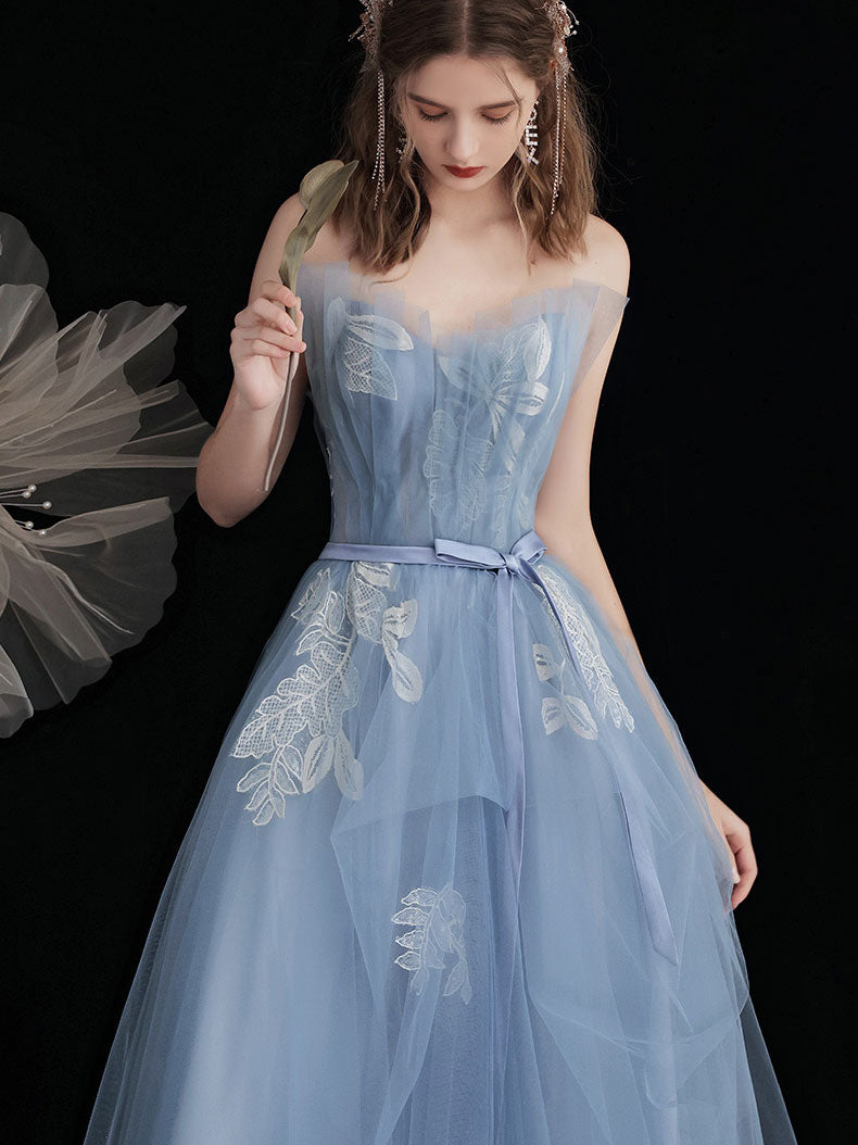 Blue tulle lace long prom dress, blue tulle lace evening dress